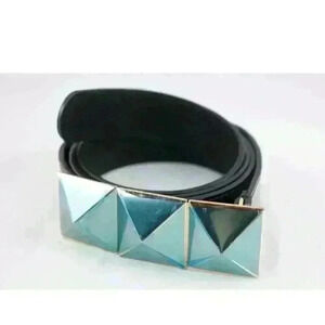 NEW Vera Pelle Italian Black Leather Belt w/ Gold Pyramid Buckle; 115cm / 45"